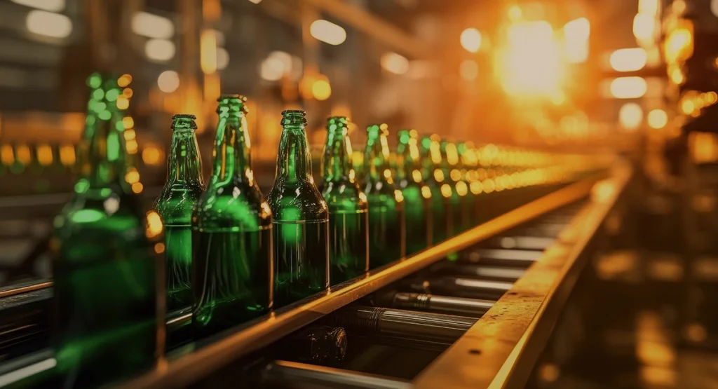 Automatyczna kontrola jakości w przemyśle spożywczym na linii transportowej szklanych butelek