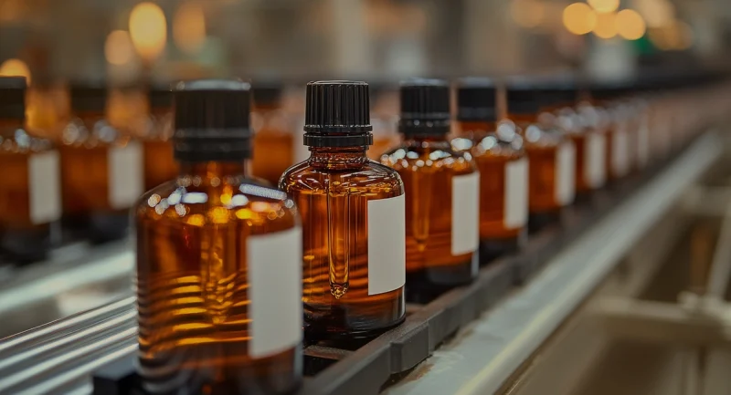 Znakowanie kosmetyków na linii produkcyjnej – butelki z etykietami przygotowane do dalszego pakowania