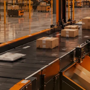 Automatyczny sorter paczek na linii transportowej w magazynie e-commerce